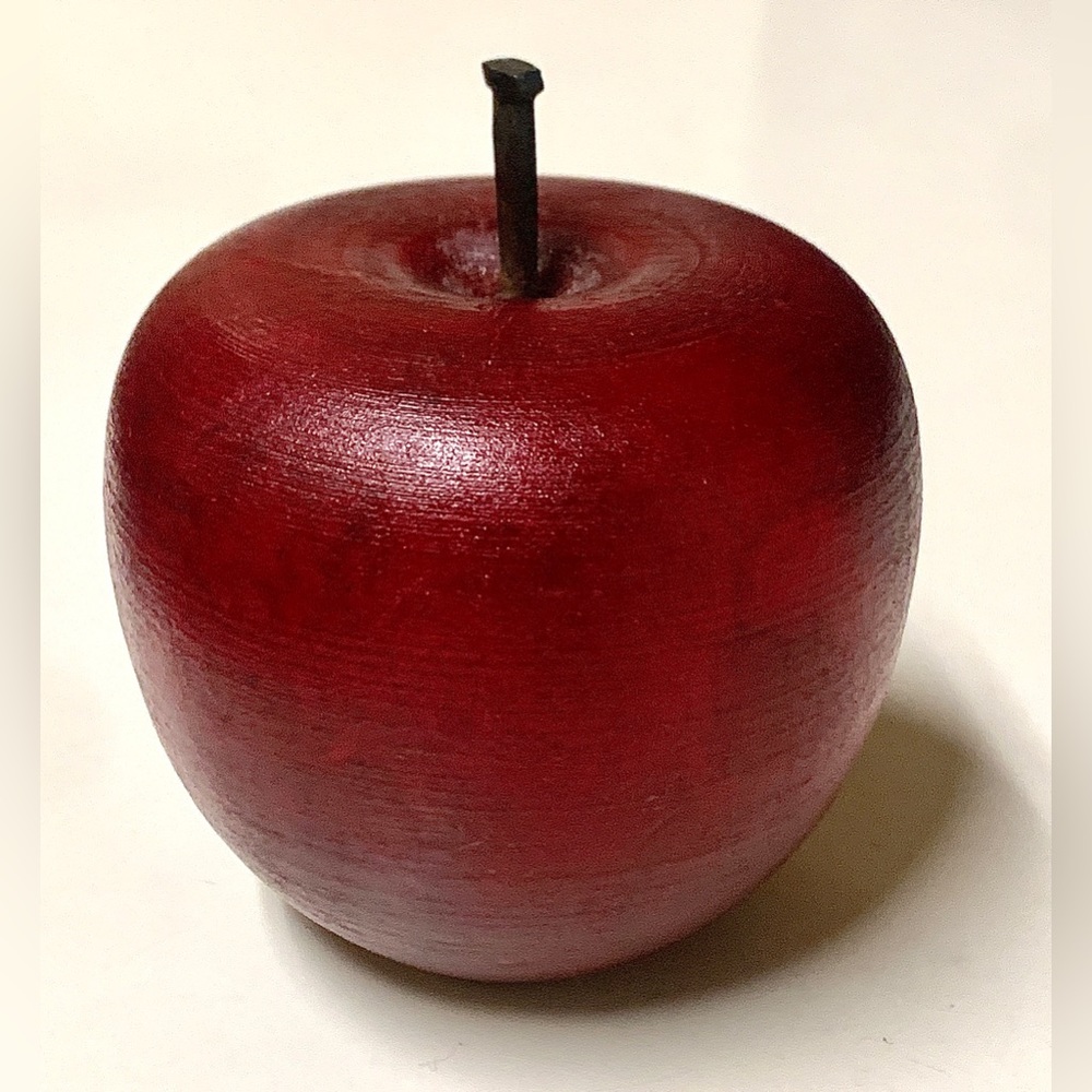 Vintage Red Painted Artisan Solid Turned Wooden Metal Spike Stemmed Apple